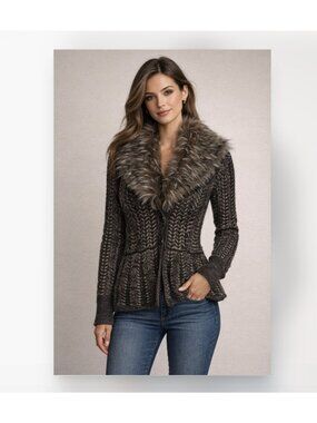 Cache Cardigan Sweater Womens Small Brown Faux Fur Collar Herringbone Knit